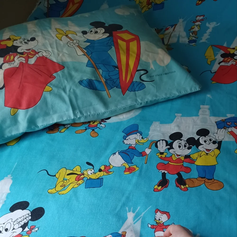 Vintage 70s Walt Disney Frontierland Donald duck Mickey pillowcase & bedspread